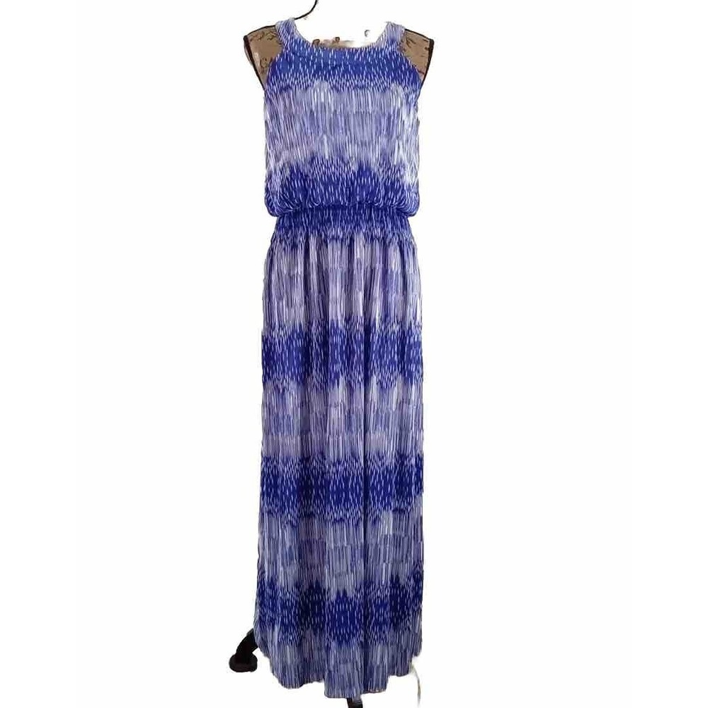 Chicos Dress 1 US SMALL Purple Maxi Stretch Halter Lined Ruched‎ Waist Texture